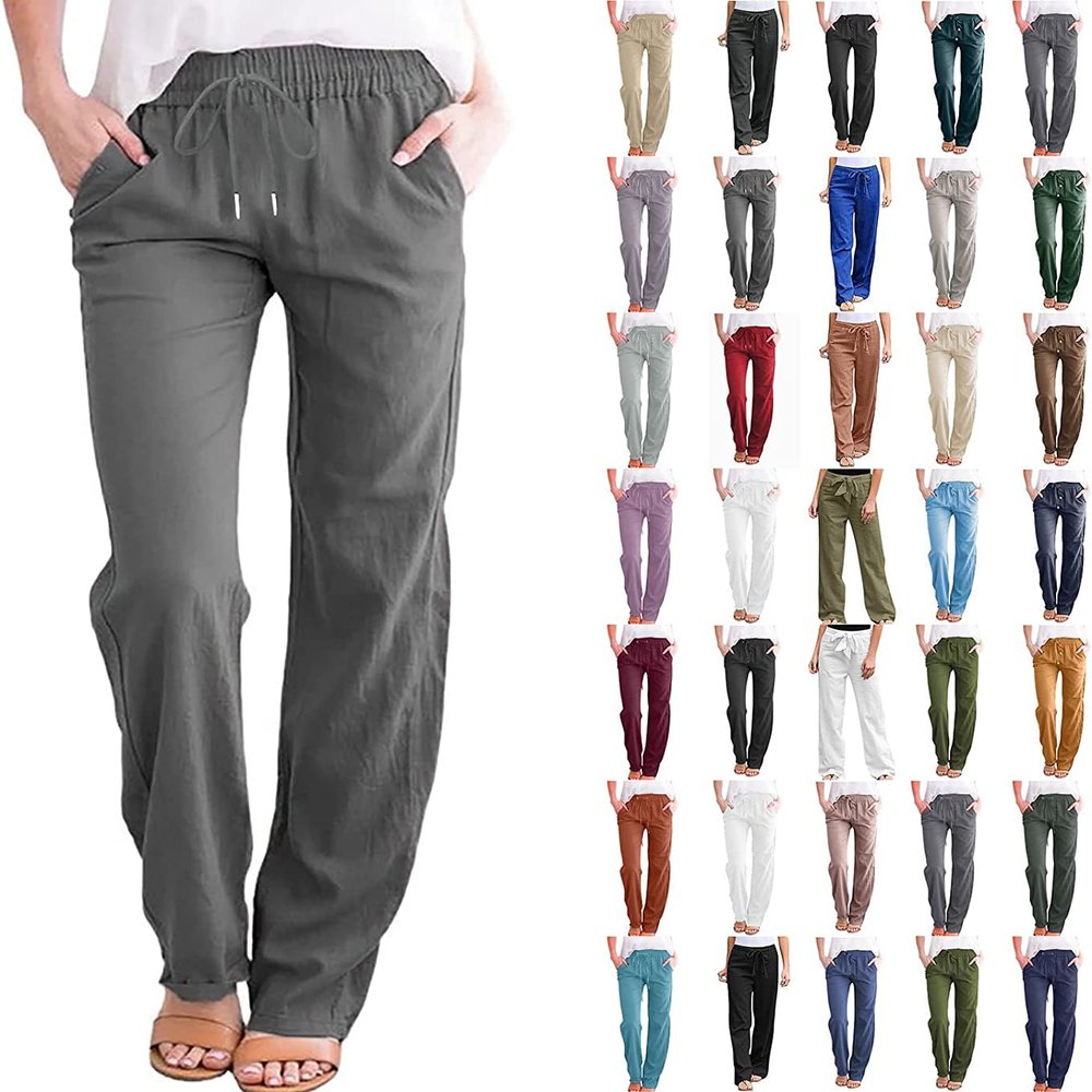 RKSTN Linen Pants for Women High Waisted Wide Leg Pants for Women Casual Drawstring Elastic Trousers with Pockets Cotton Linen Long Straight Pants 2024