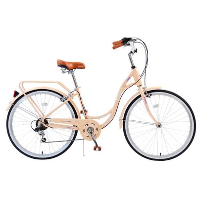 TMEOSK 26" Ladies Bike with 7 Speed Grip Shifter and Double Brake, Steel Frame, Leather Saddle, Multiple Colors (Pink)
