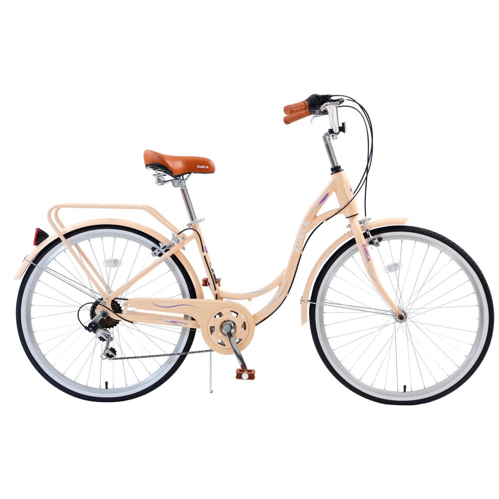 TMEOSK 26" Ladies Bike with 7 Speed Grip Shifter and Double Brake, Steel Frame, Leather Saddle, Multiple Colors (Pink)