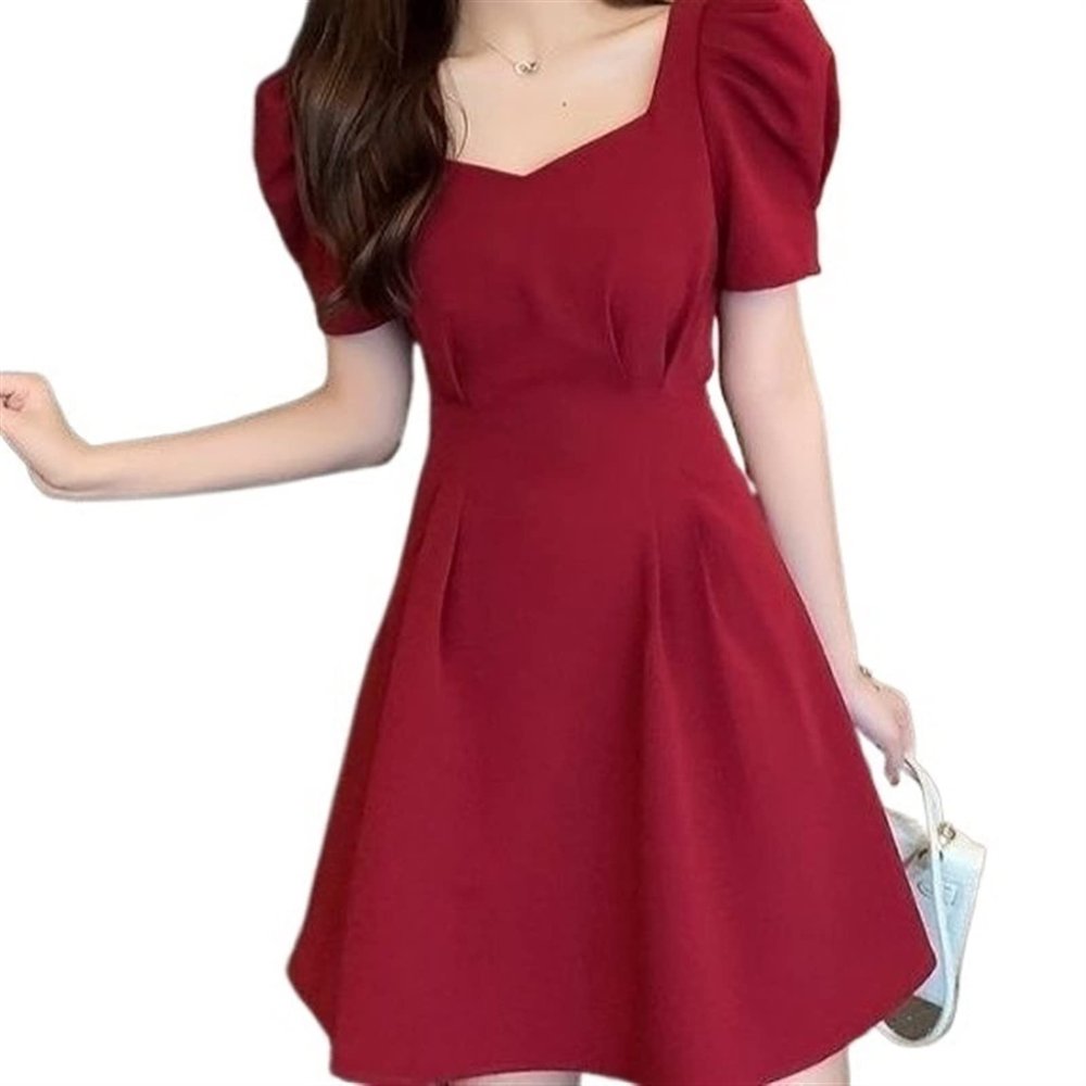 Mluvpxey Black Skirt Summer Dress Women's Skirt French Temperament Short-Sleeved Waist A-line Dress (Color : Burdeos, Size : Small)