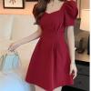 Mluvpxey Black Skirt Summer Dress Women's Skirt French Temperament Short-Sleeved Waist A-line Dress (Color : Burdeos, Size : Small) view 2