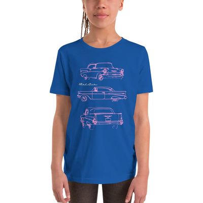 1957 Chevy Bel Air Pink Outline Belair Antique Classic Collector Car Youth Short Sleeve T-Shirt