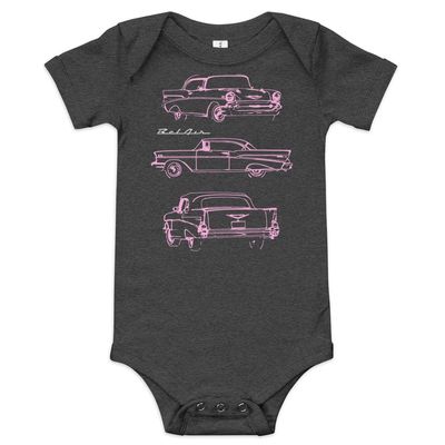 1957 Chevy Bel Air Pink Outline Belair Antique Classic Collector Car Baby Onesie Short Sleeve one Piece