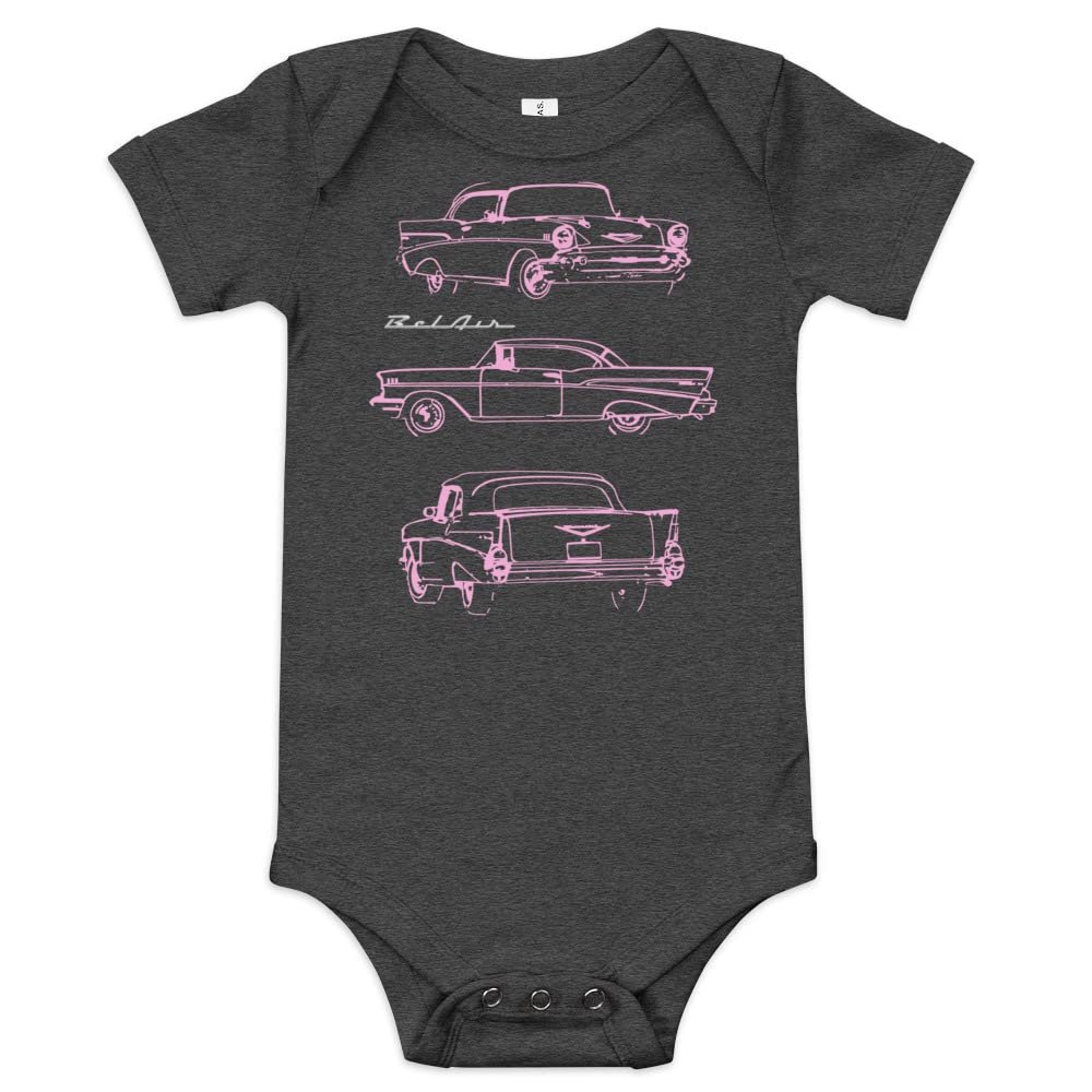 1957 Chevy Bel Air Pink Outline Belair Antique Classic Collector Car Baby Onesie Short Sleeve one Piece