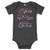 1957 Chevy Bel Air Pink Outline Belair Antique Classic Collector Car Baby Onesie Short Sleeve one Piece view 1