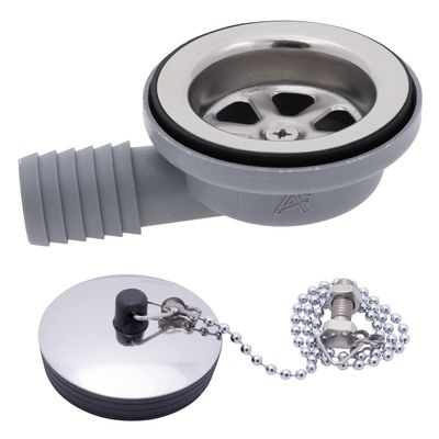 Ambassador Marine - 2 inch Drain, 95 Degree Drain, Low Profile, 1 inch Hose Barb, w/Chain Stopper - Ultra-Mirror Finish - S00-0101-UP-W