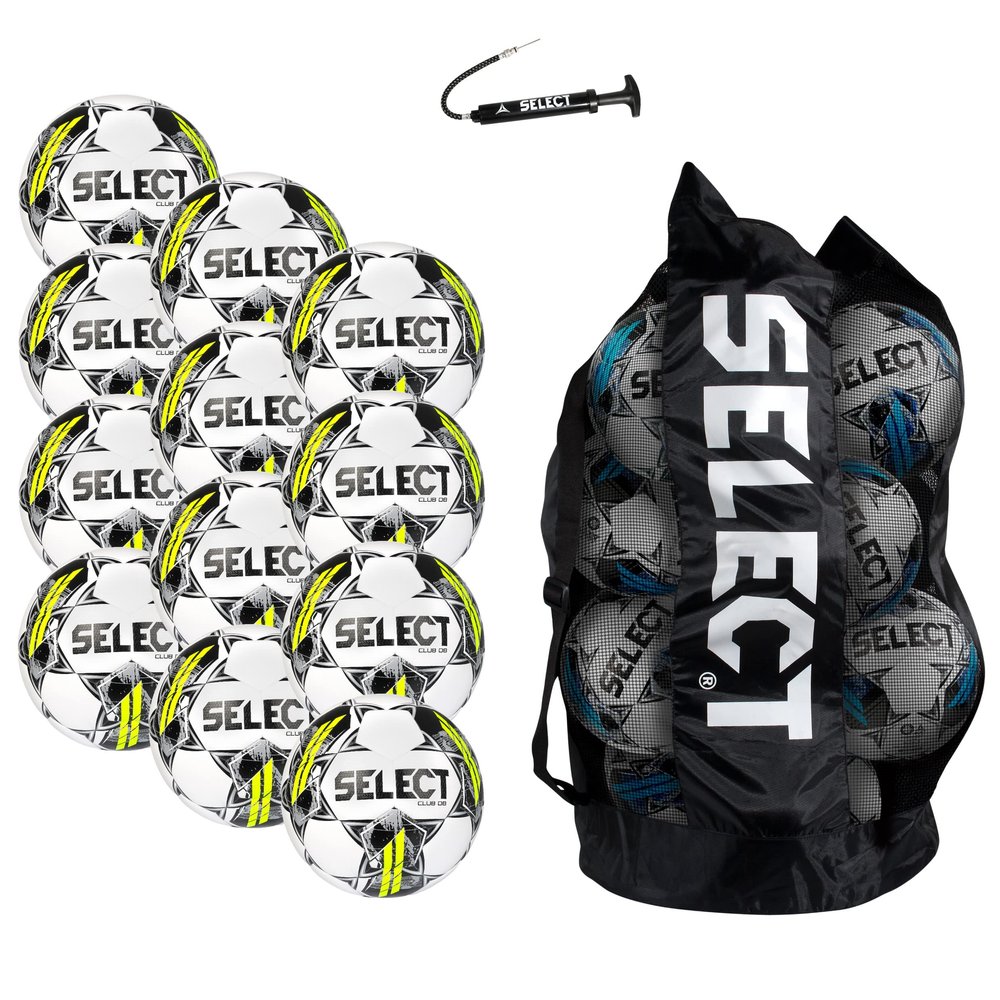 Select Club DB V22 Soccer Ball, 12-Ball Pack with Duffle Ball Bag and Hand Pump, White/Black, Size 4