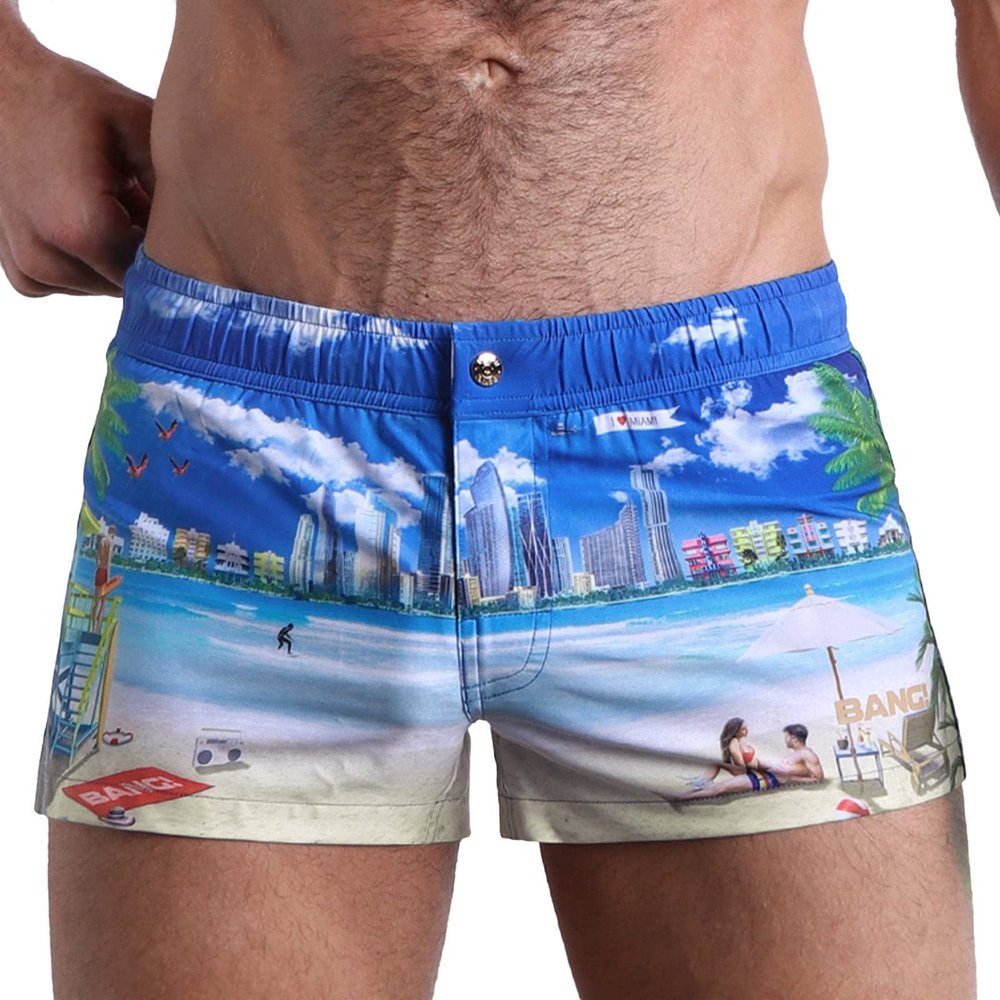 Bang Men's Swimwear Mini Shorts - Quick-Dry All-Use Premium Beach Trunks Square Cut (Wish You were HERE - L)