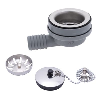 Ambassador Marine - 2 inch Drain, 95 Degree Drain, Low Profile w/Strainer, 1 inch Hose Barb, w/Chain Stopper - Ultra-Mirror Finish - S00-1102-UP-W