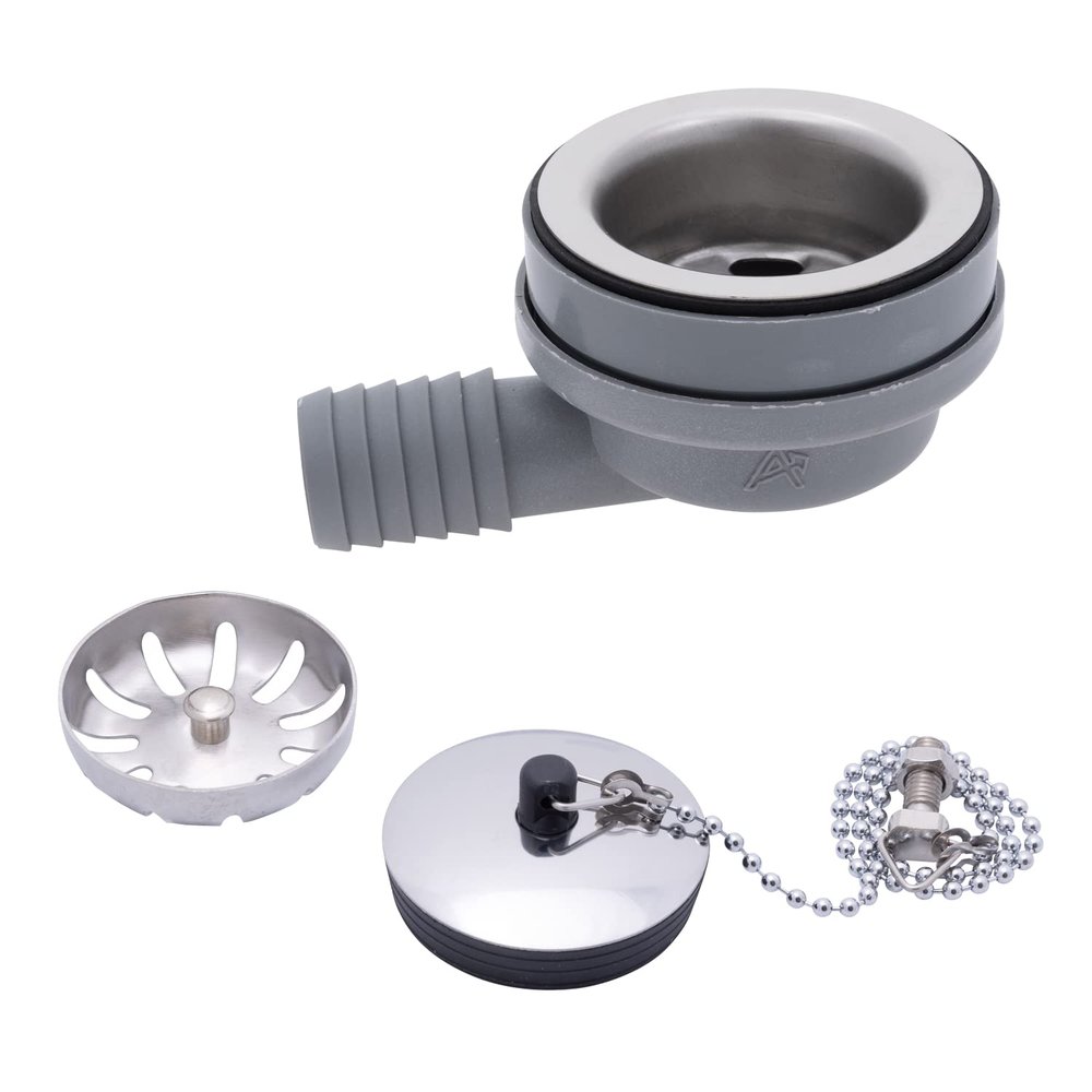 Ambassador Marine - 2 inch Drain, 95 Degree Drain, Low Profile w/Strainer, 1 inch Hose Barb, w/Chain Stopper - Ultra-Mirror Finish - S00-1102-UP-W