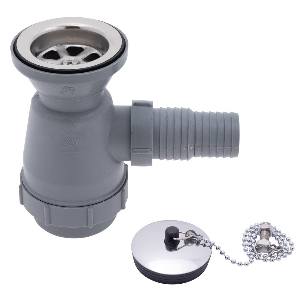 Ambassador Marine - 2 inch Drain, Trap Sink Drain, 1-1/4 inch & 1-1/2 inch Hose Barb, w/Chain Stopper - Ultra-Mirror Finish - S00-0109-UP-W