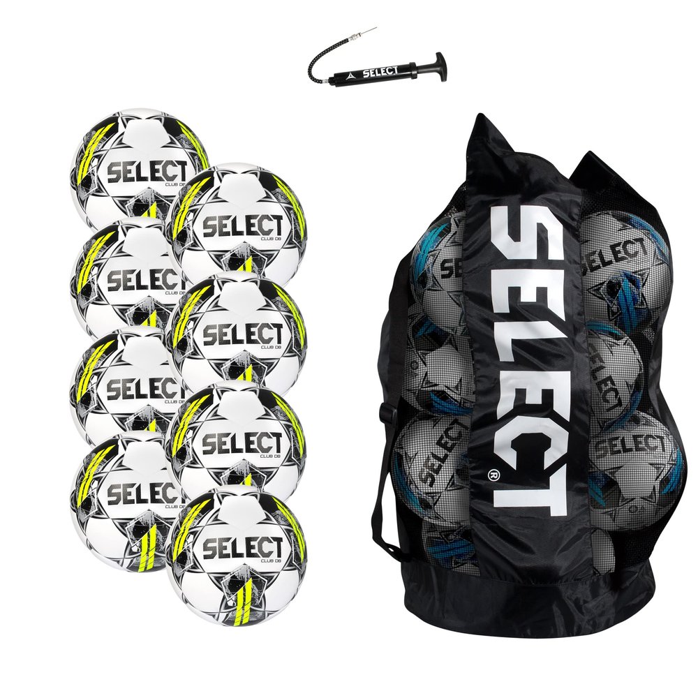 Select Club DB V22 Soccer Ball, 8-Ball Pack with Duffle Ball Bag and Hand Pump, White/Black, Size 4