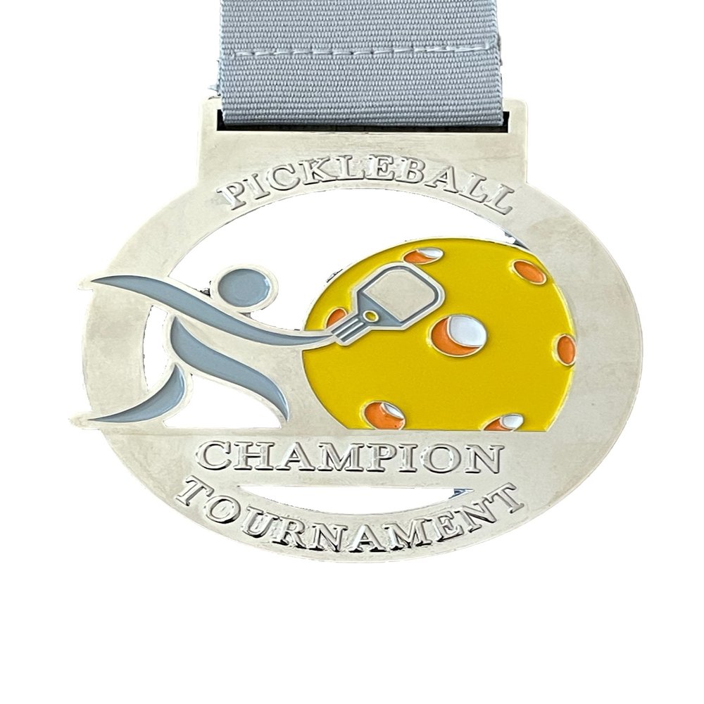 Pickleball Medal - Silver - 3' Pickleball Medal Award with Free Ribbon, One Size