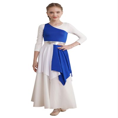 CHICTRY Girls One Shoulder Asymmetrical Praise Dance Dress Worship Lyrical Dance Costume Liturgical Dancewear Blue 10 Years