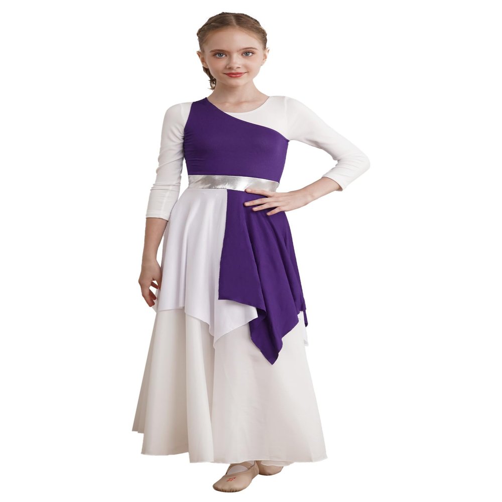CHICTRY Girls One Shoulder Asymmetrical Praise Dance Dress Worship Lyrical Dance Costume Liturgical Dancewear Purple 10 Years