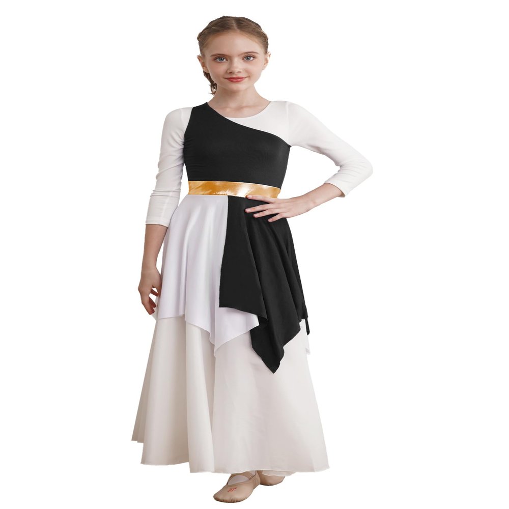 CHICTRY Girls One Shoulder Asymmetrical Praise Dance Dress Worship Lyrical Dance Costume Liturgical Dancewear Black 10 Years
