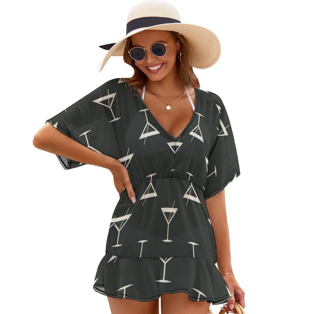 DENFY Cocktail Drinks of Martini Women's Cover Up Swim Coverups Loose Dress Breathable Chiffon Beach Swimsuit