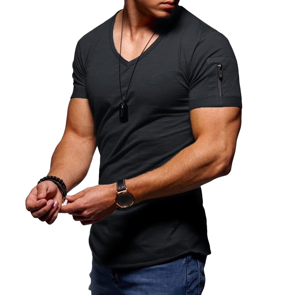 Maiyifu-GJ Men's Muscle V Neck Gym Workout T Shirt Arm Stitching Zipper Pocket Tee Top Fashion Casual Slim Fit Short Sleeve (Black,US SIZE 4XL Asia 5XL)