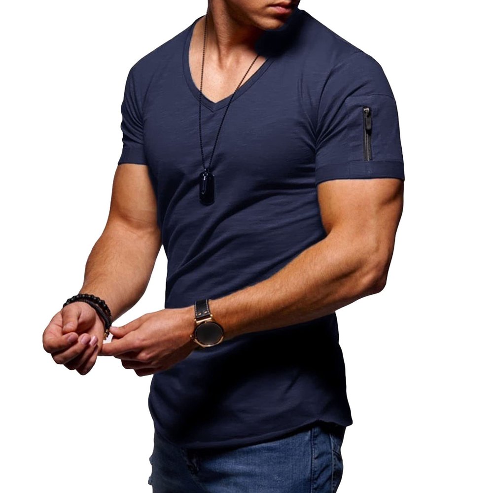 Maiyifu-GJ Men's Muscle V Neck Gym Workout T Shirt Arm Stitching Zipper Pocket Tee Top Fashion Casual Slim Fit Short Sleeve (Dark Blue 3,US SIZE 3XL Asia 4XL)