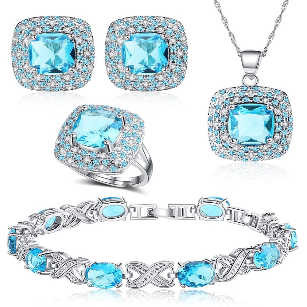 BROCLY Jewelry Set for Women,Cubic Zirconia Tennis Necklace Ring Clips Earring Bracelet set,Wedding Birthday Anniversary Engagement Gift For Wife Girlfriend Best Friend Bridal (Sky Blue)