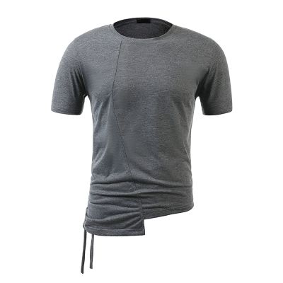 Maiyifu-GJ Men Hem Irregular Drawstring Fashion Sports T-Shirt Solid Color Round Neck Short Sleeved Summer New Casual Blouse (US Size L Asia XL,Dark Gray 2)