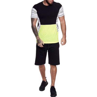 Men's Striped Color Block Short Sleeve Regular Fit Sports T-Shirt Fashion Round Hip Hop Tee (Yellow,US SIZE M Asia L)
