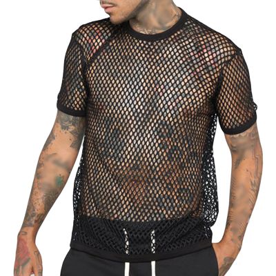 Men's Color Block Striped Hollow Out Short Sleeve Round Neck Sheer T Shirt Mesh See Through Tee Top (Black,US Size S Asia M)