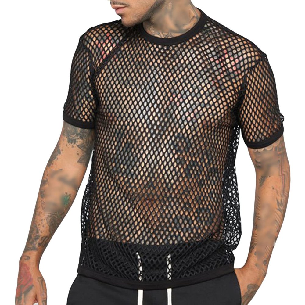 Men's Color Block Striped Hollow Out Short Sleeve Round Neck Sheer T Shirt Mesh See Through Tee Top (Black,US Size S Asia M)