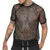 Men's Color Block Striped Hollow Out Short Sleeve Round Neck Sheer T Shirt Mesh See Through Tee Top (Black,US Size S Asia M) view 1