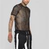 Men's Color Block Striped Hollow Out Short Sleeve Round Neck Sheer T Shirt Mesh See Through Tee Top (Black,US Size S Asia M) view 4