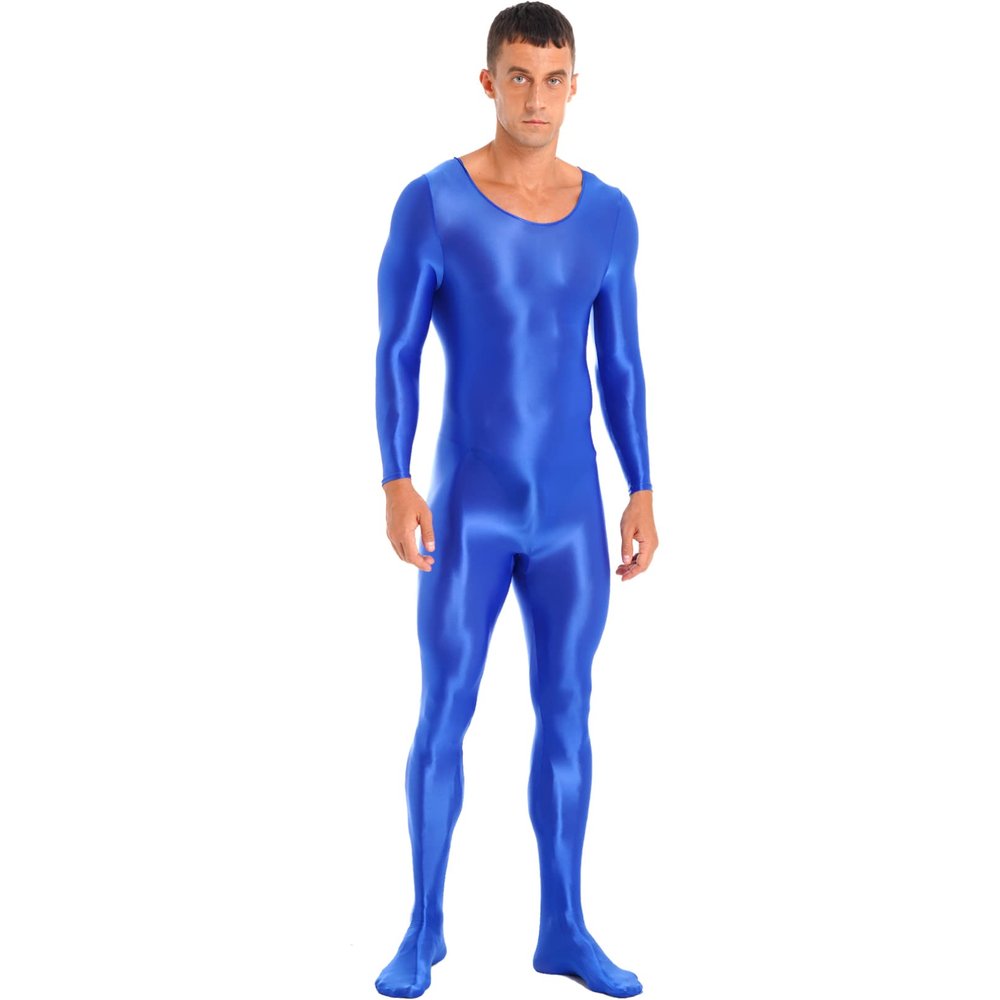 Sxiwei Adult Shiny One Piece Spandex Body Suit Jumpsuit Long Sleeve Round Neck Zentai Costume Catsuit Blue Medium