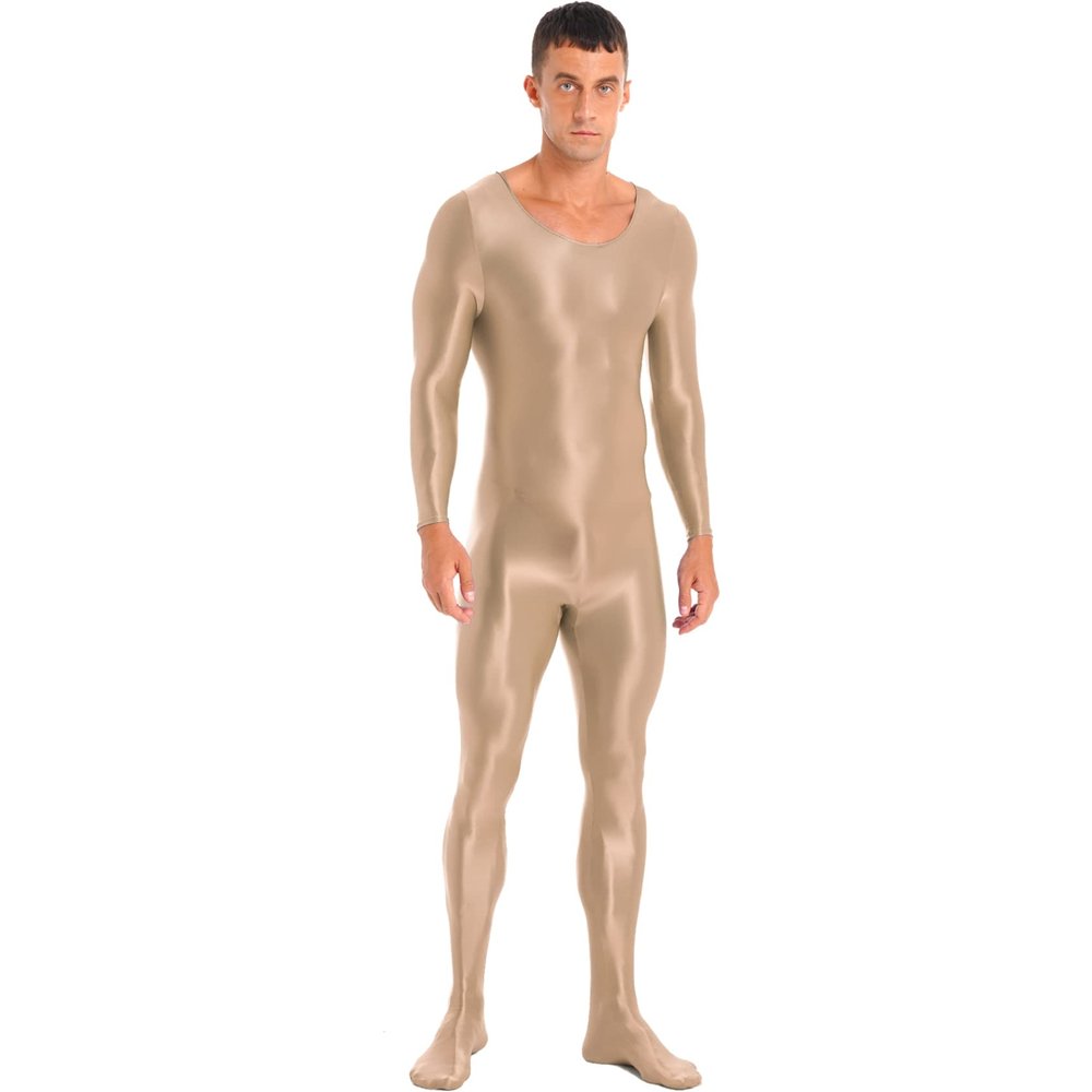 Daenrui Men's One Piece Spandex Long Sleeve Bodysuit Unitard Stretchy Workout Jumpsuit Leotard Costume Coffee Medium