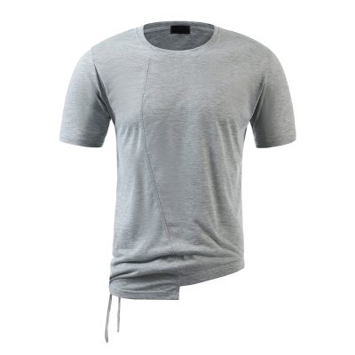 Maiyifu-GJ Men Hem Irregular Drawstring Fashion Sports T-Shirt Solid Color Round Neck Short Sleeved Summer New Casual Blouse (US Size L Asia XL,Light Gray 1)