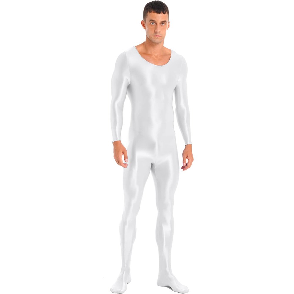 Daenrui Men's One Piece Spandex Long Sleeve Bodysuit Unitard Stretchy Workout Jumpsuit Leotard Costume White Medium