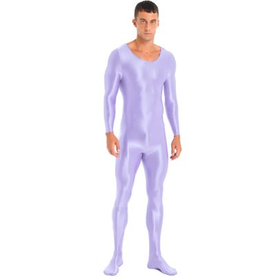 Daenrui Men's One Piece Spandex Long Sleeve Bodysuit Unitard Stretchy Workout Jumpsuit Leotard Costume Light Purple Medium