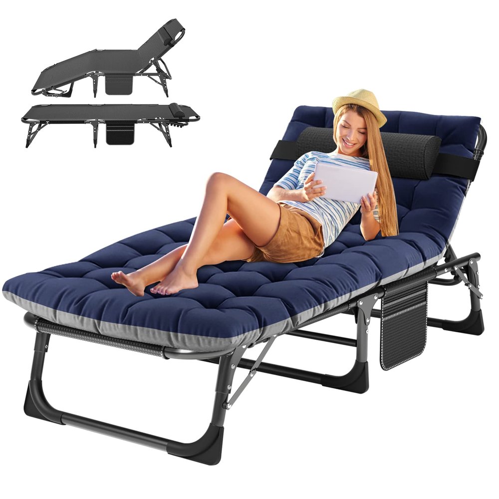 ABORON 5 Positions Camping Cots for Adults,Outdoor Folding Sleeping Cot/Mat,Folding Chaise Lounge Chair with Pillow,Portable Reclining Chair for Beach Lawn Camping Pool,Sunbathing Chairs