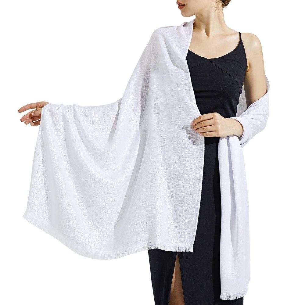 Ciormis Bridesmaid Shawls, Women Lightweight White Pashmina Guest Shawls and Wraps for Wedding (White & Silver)