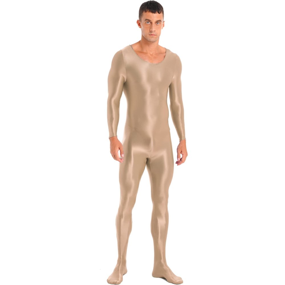 Sxiwei Adult Shiny One Piece Spandex Body Suit Jumpsuit Long Sleeve Round Neck Zentai Costume Catsuit Coffee Medium