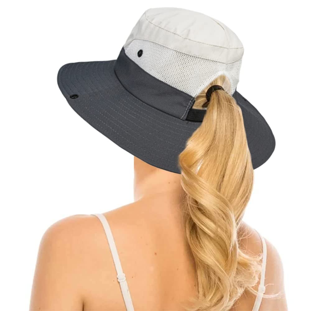 2 Pieces Womens Sun Beach Hat with Ponytail Hole Summer Wide Brim UV Protection Sun Bucket Hat for Fishing Hiking Travel Beige/Grey 1pc