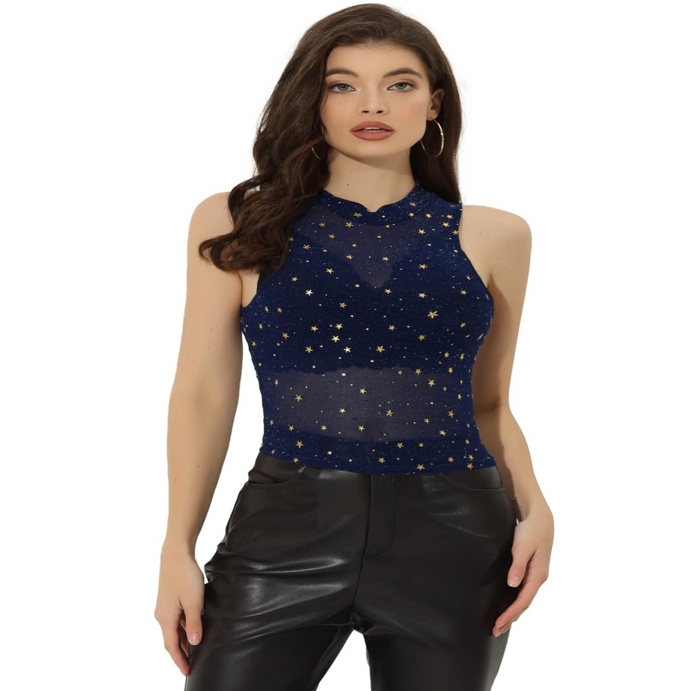 Allegra K Star Mesh Crop Top for Women's Metallic Mock Neck Sleeveless See Through Party Tank Top X-Small Blue