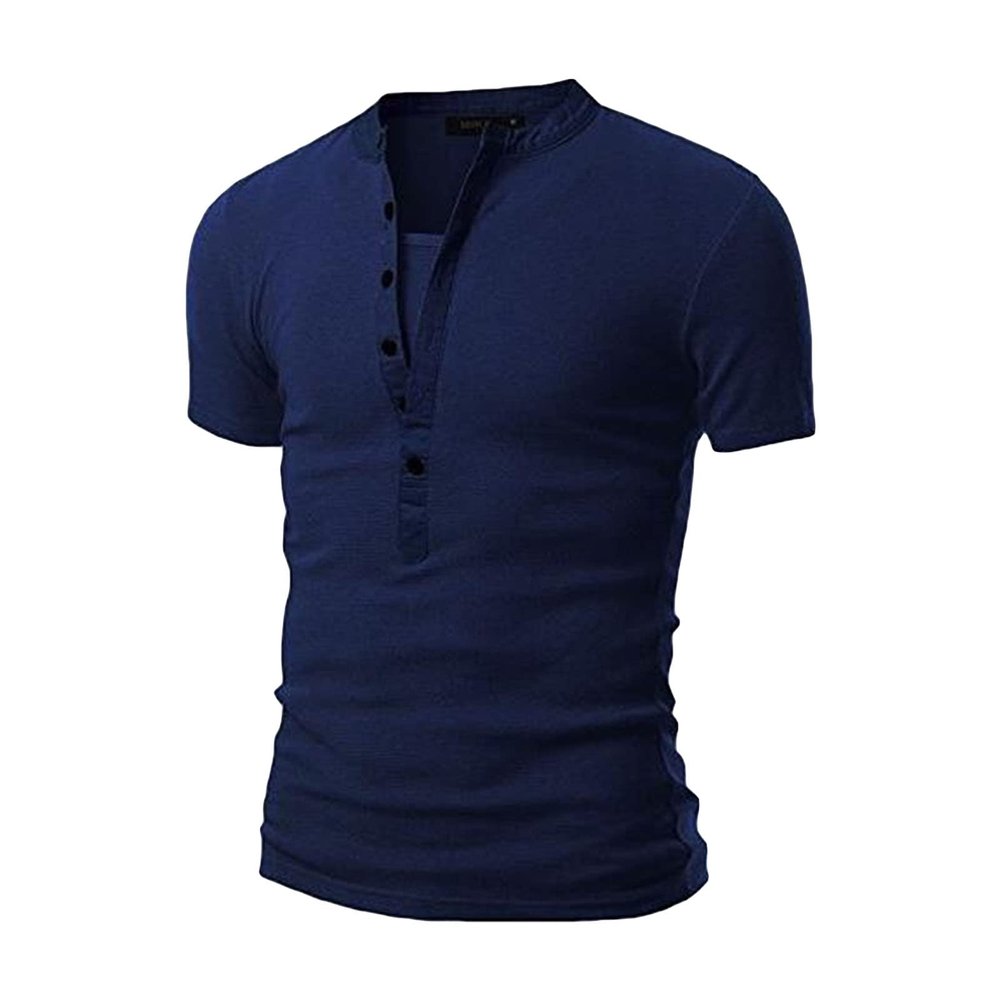 Mens Cotton Muscle Slim Fitted Sport T-Shirt Casual Button Stand Collar Tops Basic V-Neck Pullover Short Sleeve (Dark Blue,US SIZE XS Asia S)