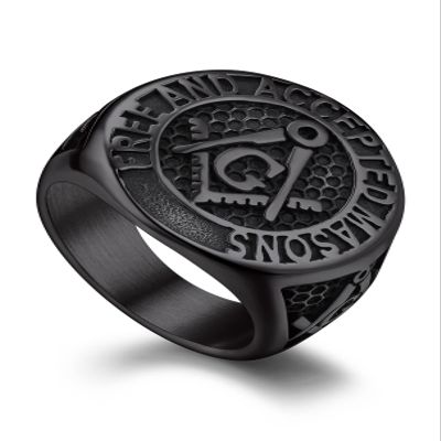 Bandmax Mens Black Freemason Rings Stainless Steel Round Signet Ring for Biker Mason Religious Faith Ring Size 11 Masonic Jewelry for Men