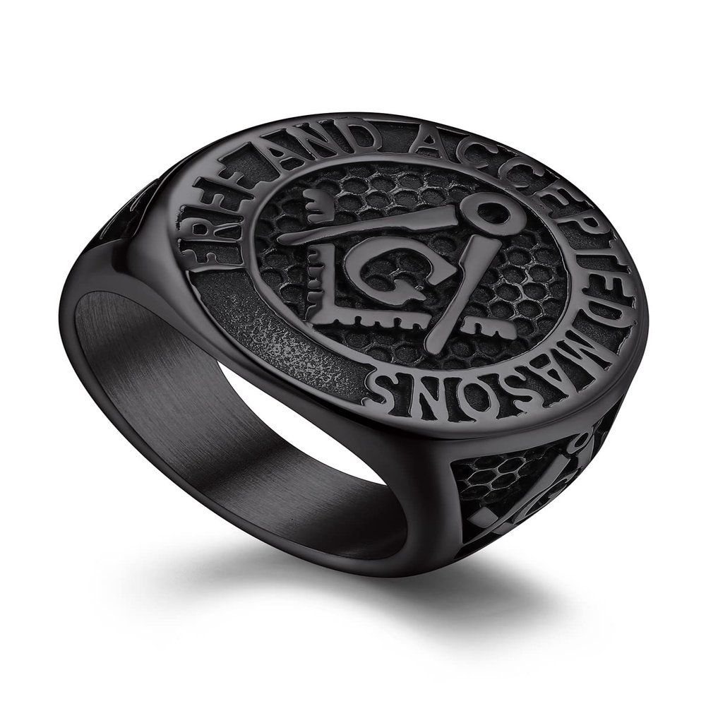 Bandmax Mens Black Freemason Rings Stainless Steel Round Signet Ring for Biker Mason Religious Faith Ring Size 11 Masonic Jewelry for Men