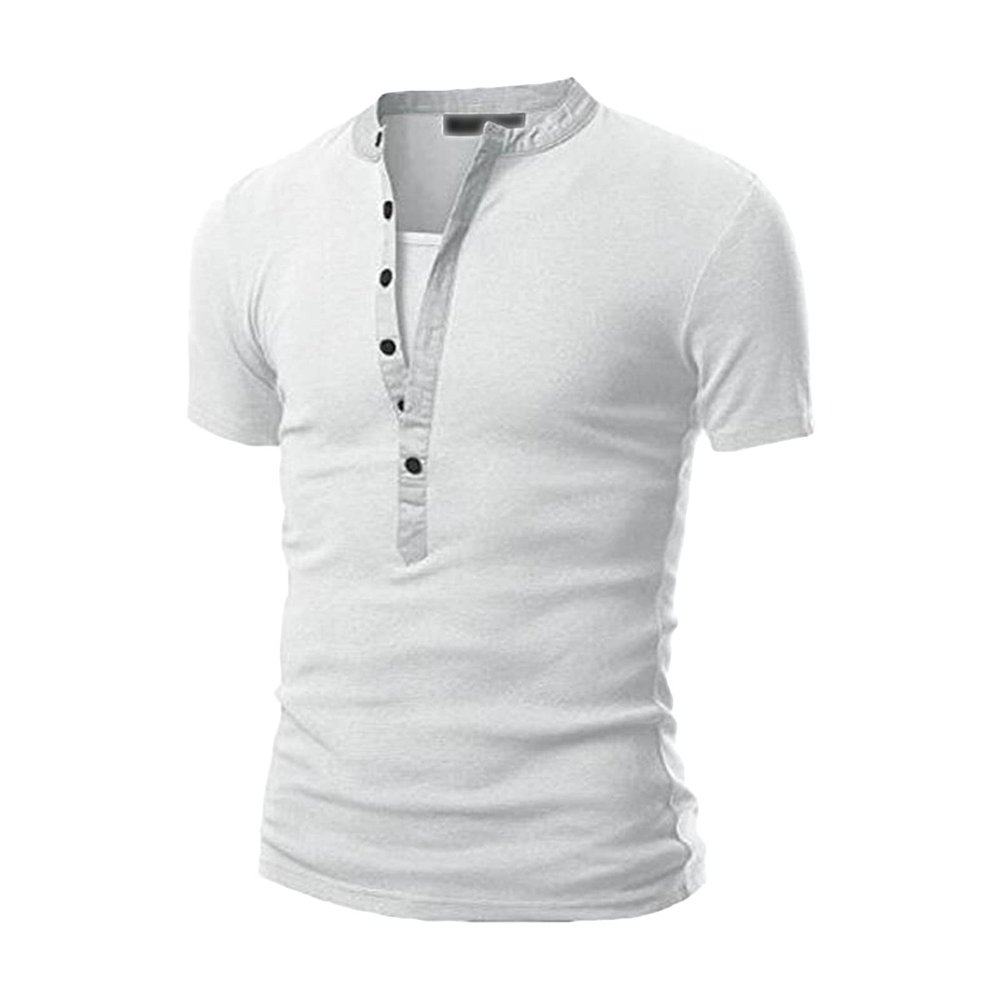 Mens Cotton Muscle Slim Fitted Sport T-Shirt Casual Button Stand Collar Tops Basic V-Neck Pullover Short Sleeve (White,US Size M Asia L)
