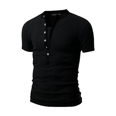 Maiyifu-GJ Mens Cotton Muscle Slim Fitted Sport T-Shirt Casual Button Stand Collar Tops Basic V-Neck Pullover Short Sleeve (Black,US SIZE XS Asia S)