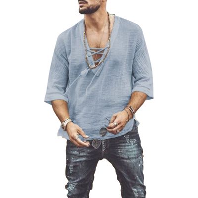 Maiyifu-GJ Men's Casual Cotton Linen Tee Fashion Lace Up Short Sleeve Beach Shirts V Neck Hippie T-Shirt (Grey,US Size XS Asia S)
