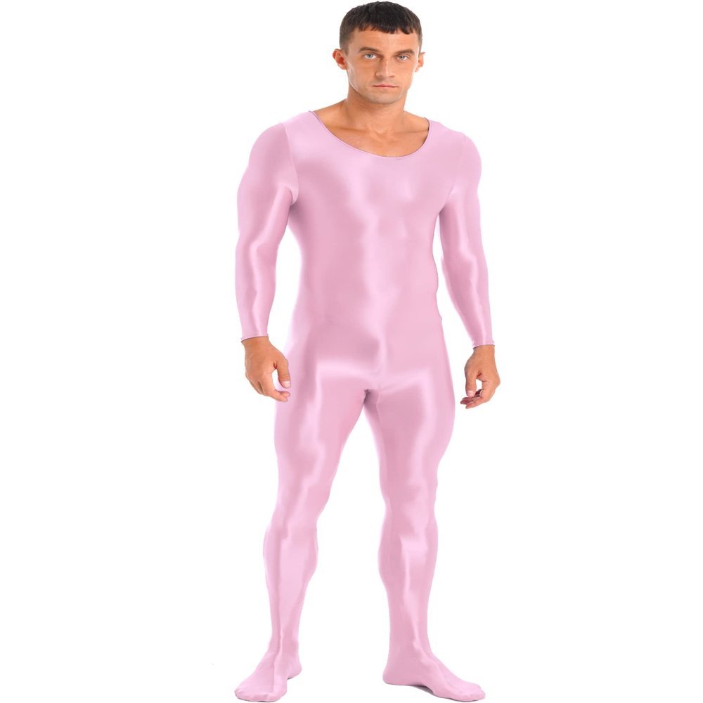 Hedmy Men's Long Sleeves One Piece Unitard Jumpsuit Stretch Spandex Sports Full Bodysuit Rompers Pink Medium
