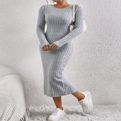 2023 Women's Dresses Solid Ribbed Knit Bodycon Dress Women's Dresses (Color : Gray, Size : Large)