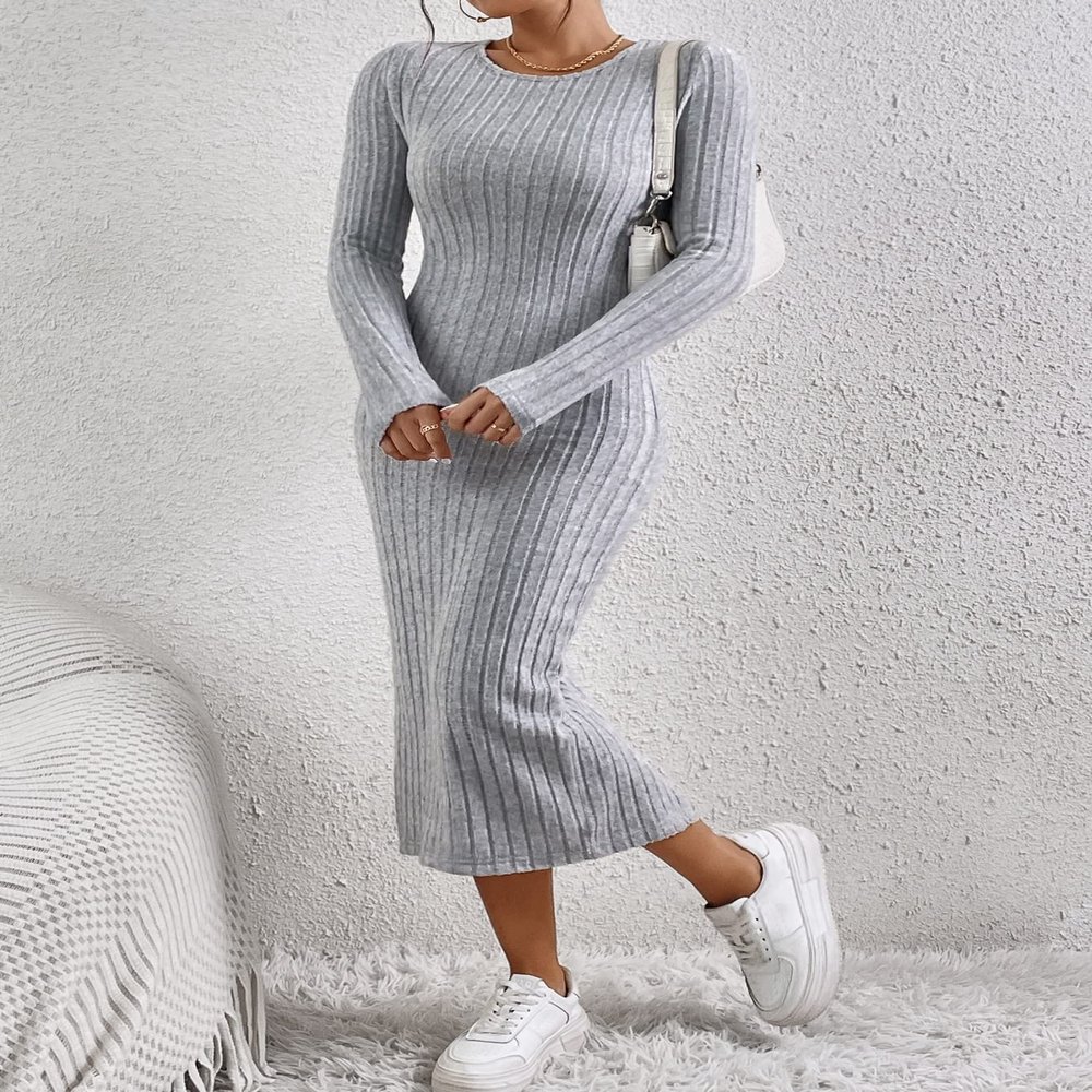 2023 Women's Dresses Solid Ribbed Knit Bodycon Dress Women's Dresses (Color : Gray, Size : Large)
