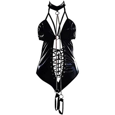 Kyisoy Women Sexy Wetlook Leather Lingerie Bodysuits Naughty Lace-up Backless Halter Babydoll Teddy Clubwear with Wrist Chain (Black,X-Large)